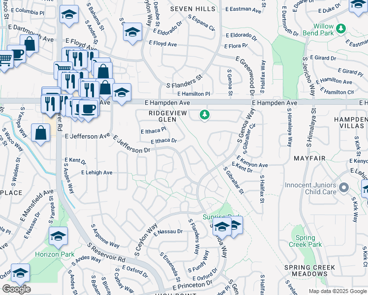 map of restaurants, bars, coffee shops, grocery stores, and more near 3705 South Ensenada Street in Aurora