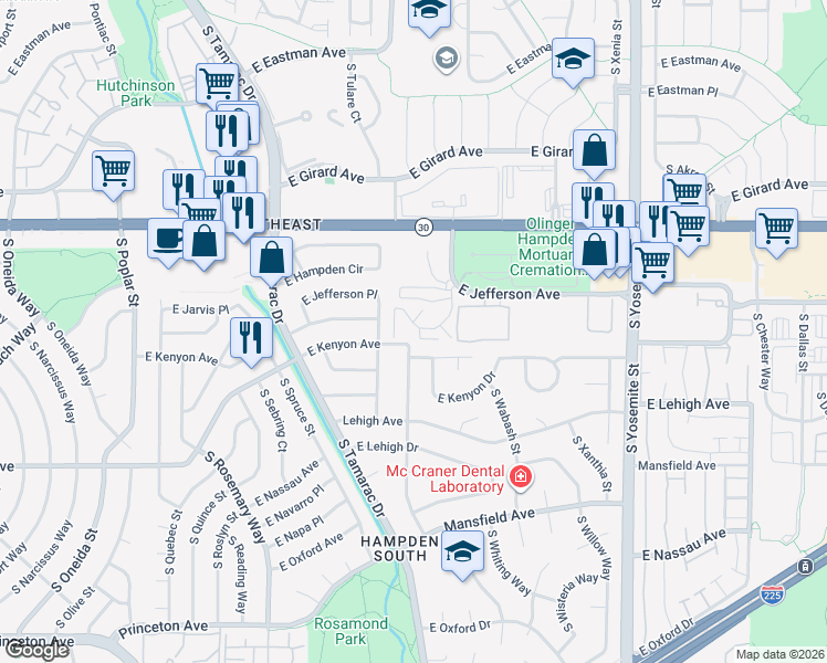 map of restaurants, bars, coffee shops, grocery stores, and more near 8209 East Kenyon Avenue in Denver