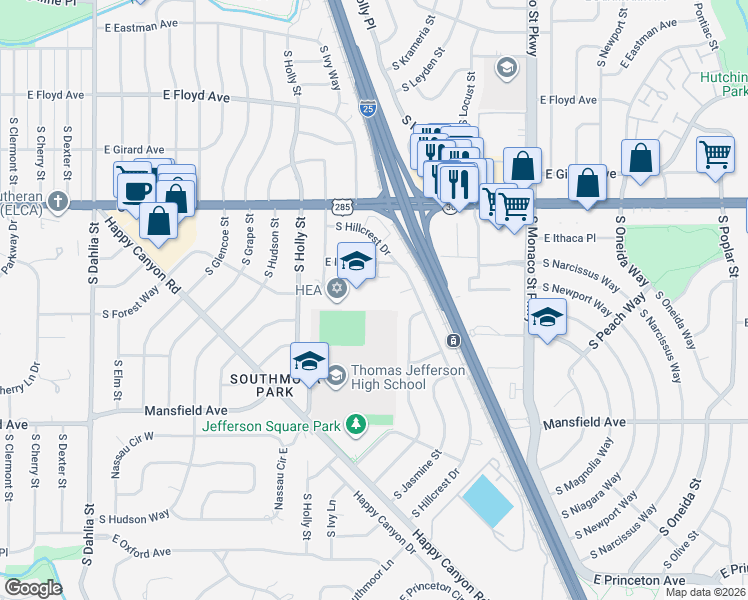map of restaurants, bars, coffee shops, grocery stores, and more near 3635 South Jersey Street in Denver
