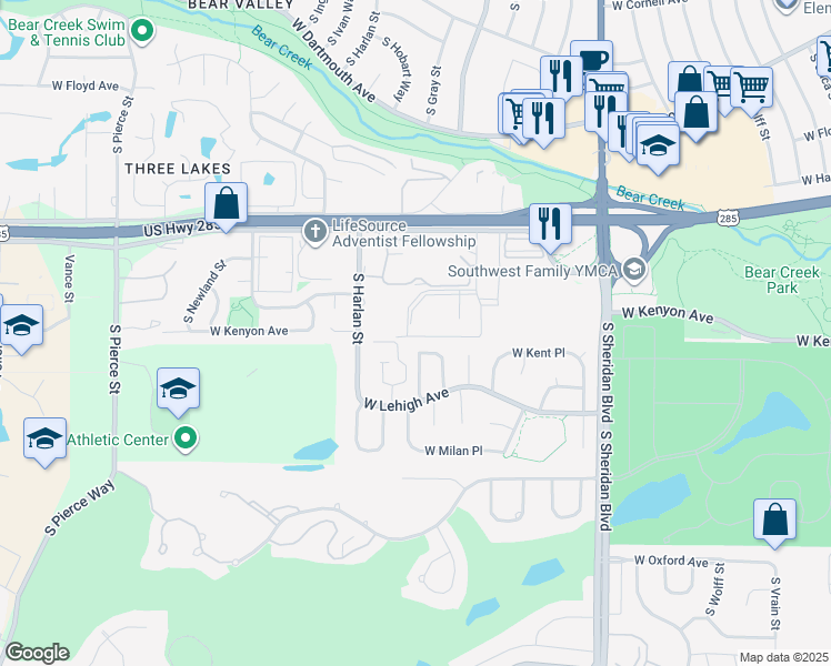 map of restaurants, bars, coffee shops, grocery stores, and more near 3702 South Fenton Way in Denver