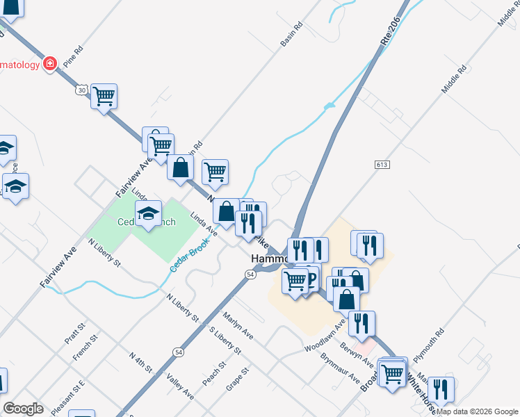 map of restaurants, bars, coffee shops, grocery stores, and more near 43 North White Horse Pike in Hammonton