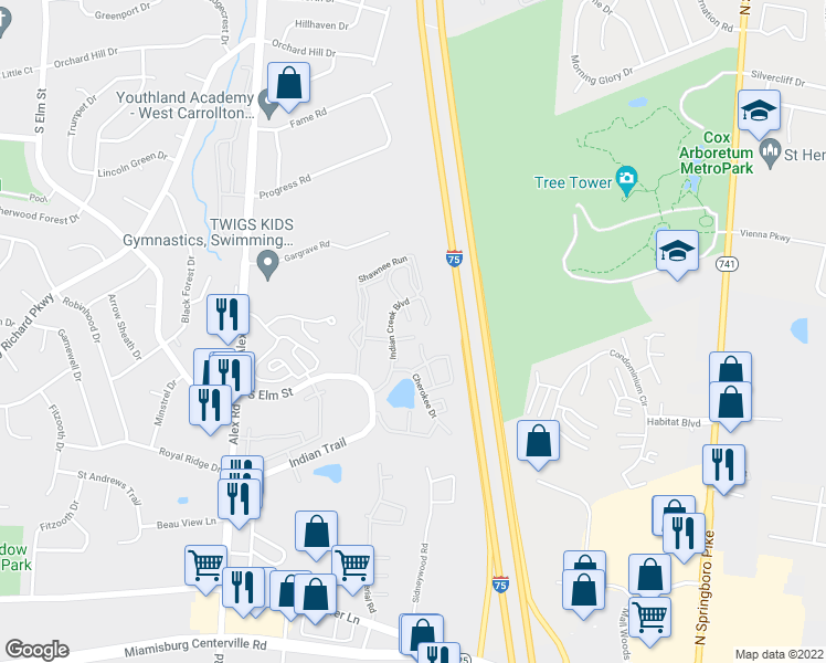 map of restaurants, bars, coffee shops, grocery stores, and more near 1107 Arrowhead Crossing in West Carrollton