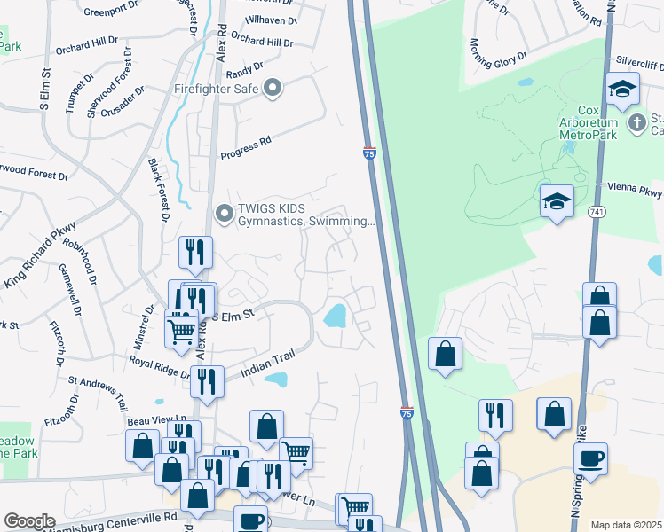 map of restaurants, bars, coffee shops, grocery stores, and more near 1100 Eagle Nest Court in West Carrollton
