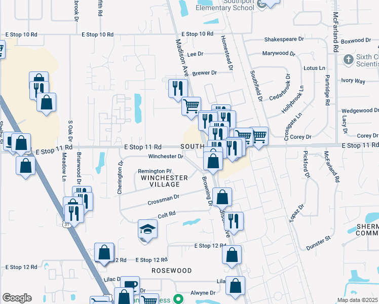 map of restaurants, bars, coffee shops, grocery stores, and more near 2025 Winchester Drive in Indianapolis