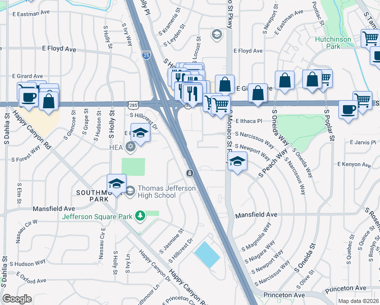 map of restaurants, bars, coffee shops, grocery stores, and more near 3639 South Monaco Parkway in Denver