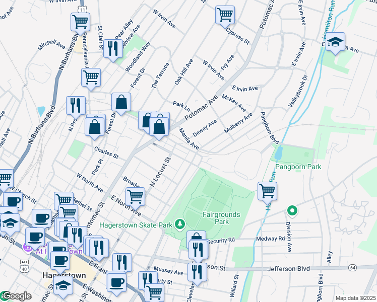 map of restaurants, bars, coffee shops, grocery stores, and more near 139 McComas Street in Hagerstown