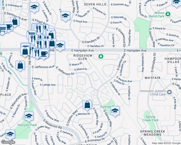 map of restaurants, bars, coffee shops, grocery stores, and more near 3705 South Ensenada Street in Aurora