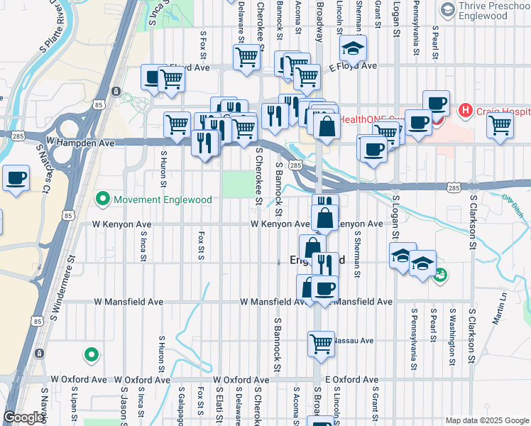map of restaurants, bars, coffee shops, grocery stores, and more near 3650 South Cherokee Street in Englewood