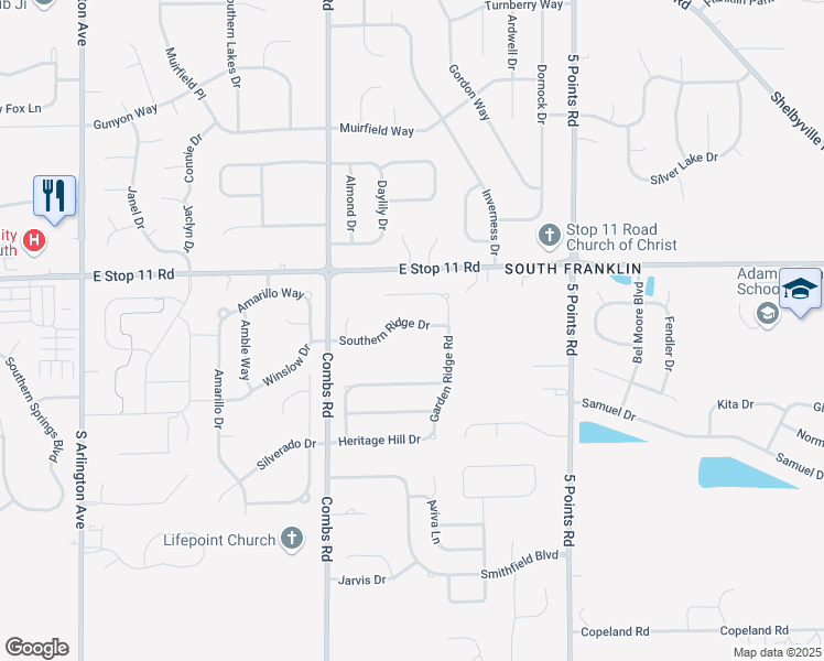 map of restaurants, bars, coffee shops, grocery stores, and more near 6657 Southern Ridge Drive in Indianapolis
