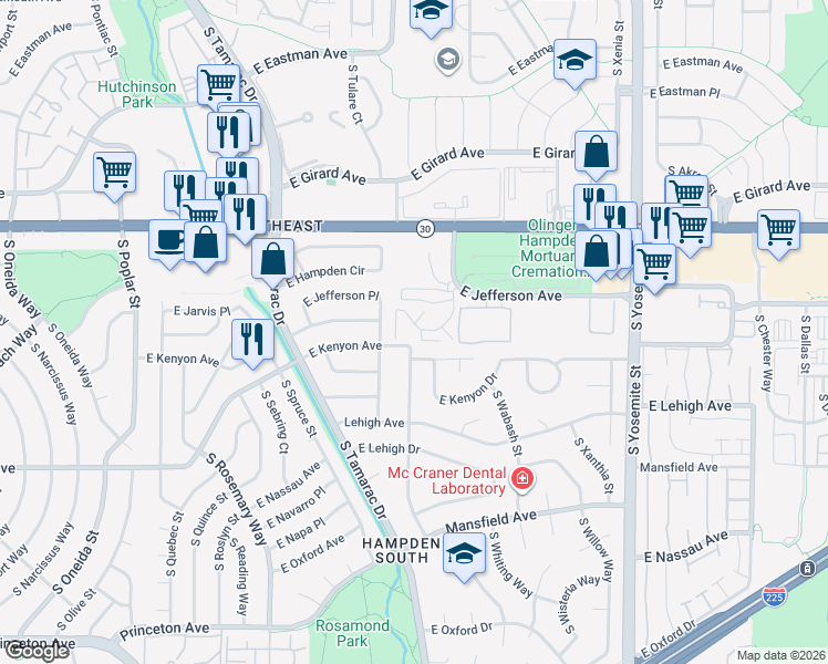 map of restaurants, bars, coffee shops, grocery stores, and more near 8209 East Kenyon Avenue in Denver