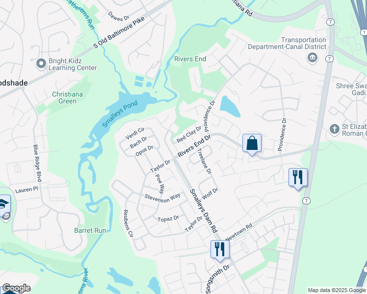 map of restaurants, bars, coffee shops, grocery stores, and more near 653 Walden Court in Bear