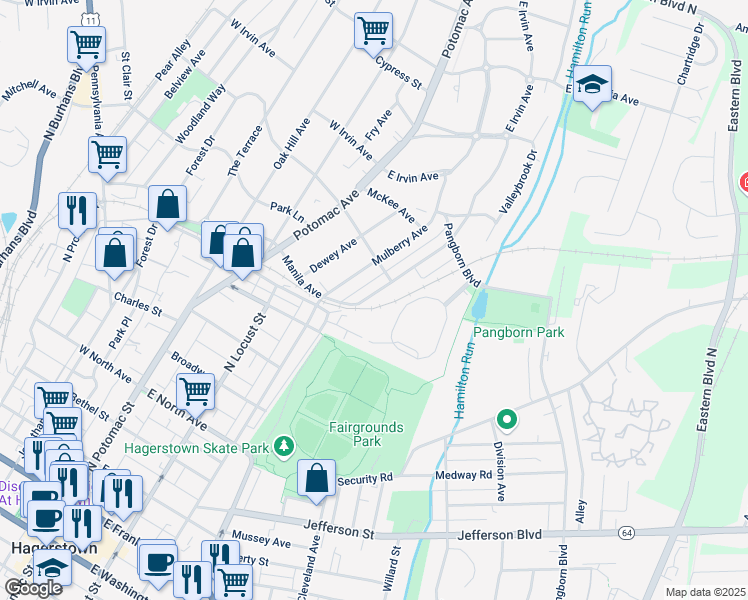 map of restaurants, bars, coffee shops, grocery stores, and more near 818 View Street in Hagerstown
