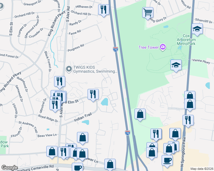 map of restaurants, bars, coffee shops, grocery stores, and more near 1107 Arrowhead Crossing in West Carrollton