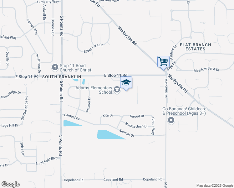 map of restaurants, bars, coffee shops, grocery stores, and more near 7341 East Stop 11 Road in Indianapolis