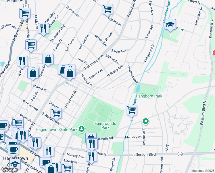 map of restaurants, bars, coffee shops, grocery stores, and more near 818 View Street in Hagerstown
