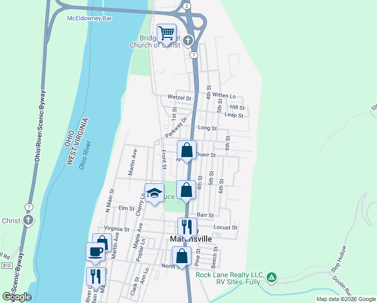 map of restaurants, bars, coffee shops, grocery stores, and more near 779-783 3rd St in New Martinsville
