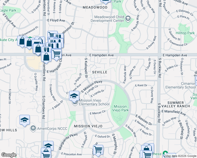 map of restaurants, bars, coffee shops, grocery stores, and more near 16027 East Lehigh Circle in Aurora