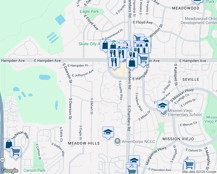 map of restaurants, bars, coffee shops, grocery stores, and more near 15146 East Jefferson Place in Aurora