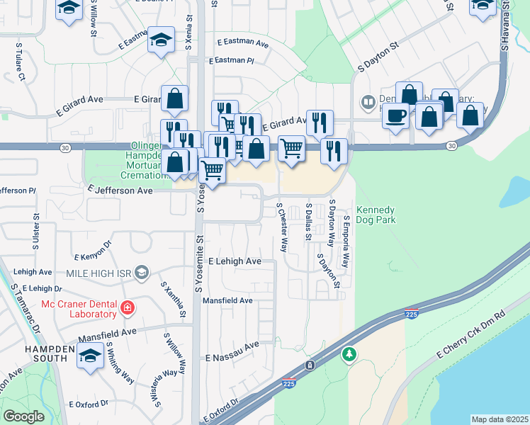 map of restaurants, bars, coffee shops, grocery stores, and more near 9185 East Kenyon Avenue in Denver