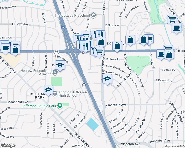 map of restaurants, bars, coffee shops, grocery stores, and more near 3699 S Monaco Pkwy in Denver