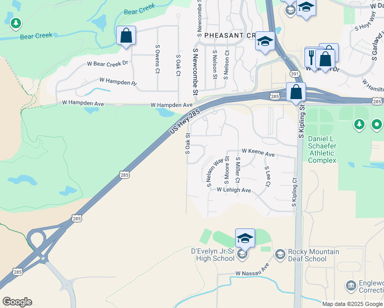 map of restaurants, bars, coffee shops, grocery stores, and more near 3687 South Newcombe Way in Lakewood