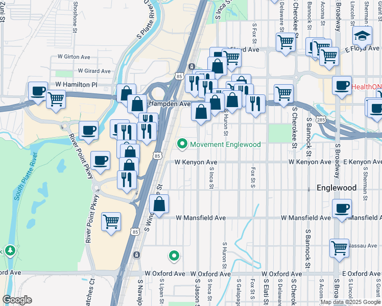 map of restaurants, bars, coffee shops, grocery stores, and more near in Englewood