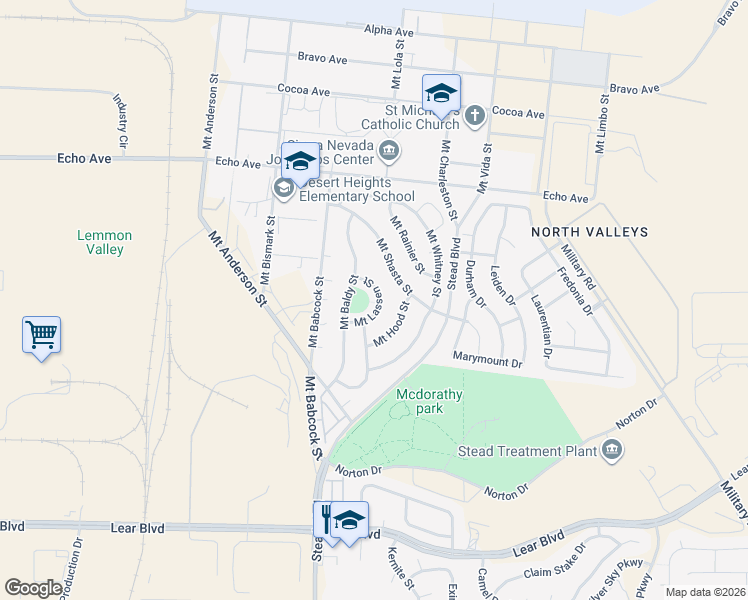 map of restaurants, bars, coffee shops, grocery stores, and more near 13393 Mount Hood Street in Reno
