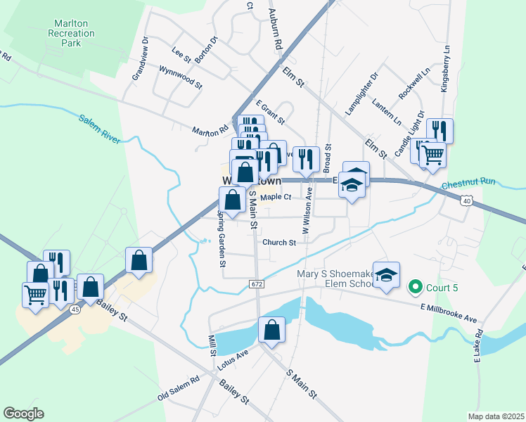 map of restaurants, bars, coffee shops, grocery stores, and more near 18 Dickinson Street in Woodstown