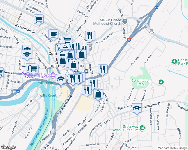 map of restaurants, bars, coffee shops, grocery stores, and more near 219 Emily Street in Cumberland