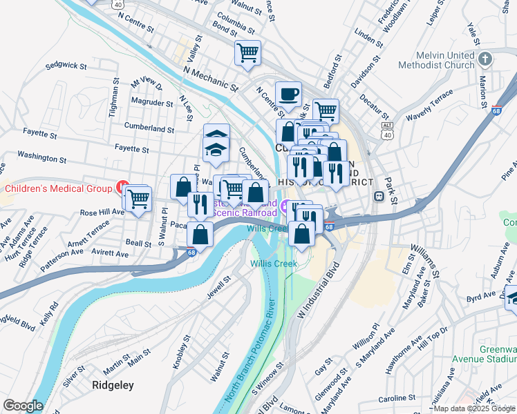 map of restaurants, bars, coffee shops, grocery stores, and more near 38 Greene Street in Cumberland