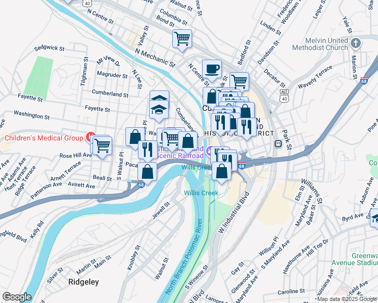 map of restaurants, bars, coffee shops, grocery stores, and more near 38 Greene Street in Cumberland