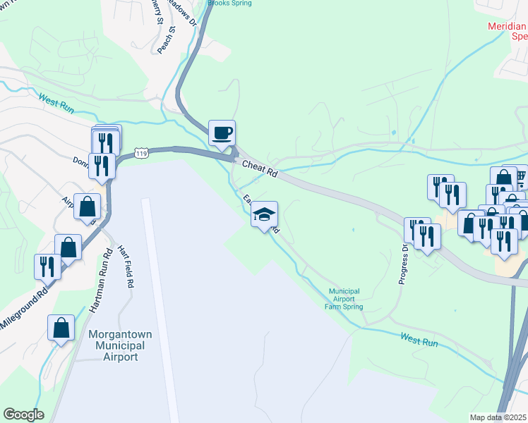 map of restaurants, bars, coffee shops, grocery stores, and more near 123 Discovery Place in Morgantown