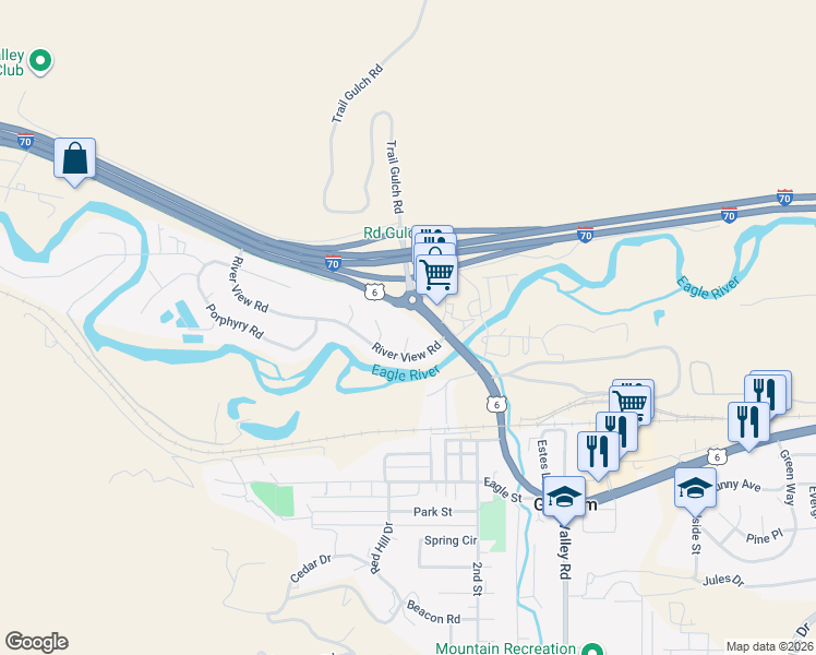 map of restaurants, bars, coffee shops, grocery stores, and more near 110 River Rd in Gypsum