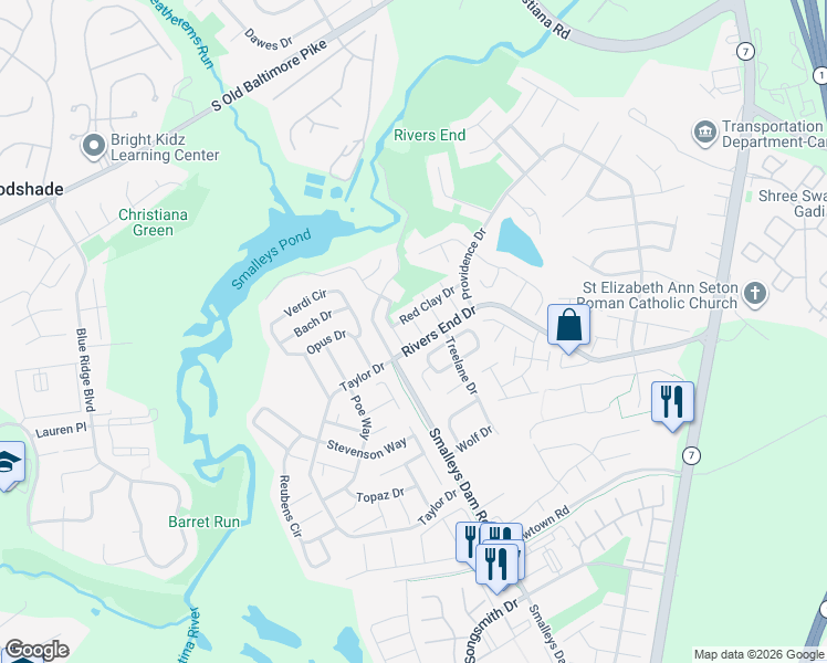map of restaurants, bars, coffee shops, grocery stores, and more near 651 Walden Court in Bear