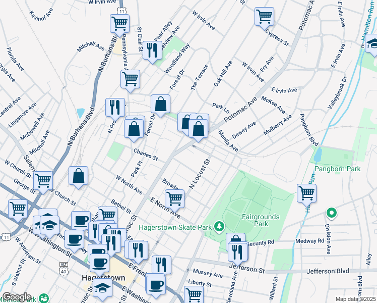 map of restaurants, bars, coffee shops, grocery stores, and more near 632 Potomac Avenue in Hagerstown