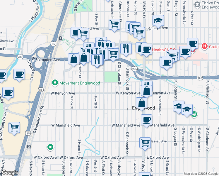 map of restaurants, bars, coffee shops, grocery stores, and more near 3655 South Delaware Street in Englewood