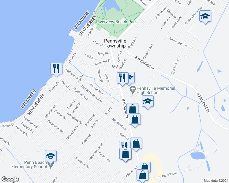 map of restaurants, bars, coffee shops, grocery stores, and more near 9 Zane Street in Pennsville