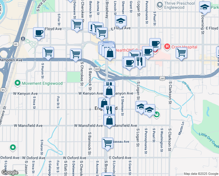 map of restaurants, bars, coffee shops, grocery stores, and more near 3650 South Broadway in Englewood