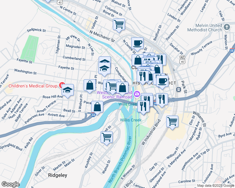 map of restaurants, bars, coffee shops, grocery stores, and more near 69 Greene Street in Cumberland