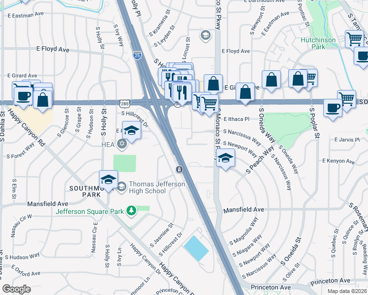 map of restaurants, bars, coffee shops, grocery stores, and more near 3639 South Monaco Parkway in Denver