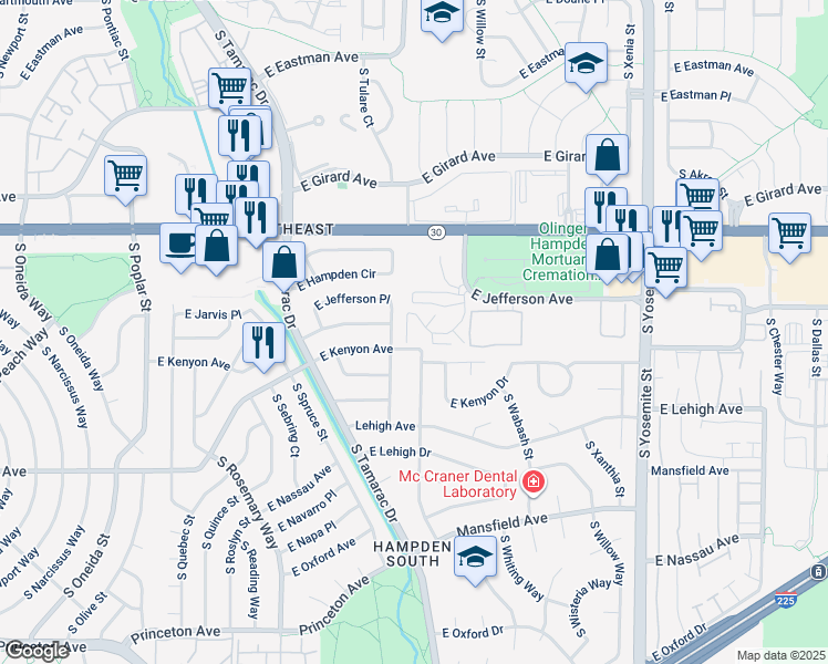 map of restaurants, bars, coffee shops, grocery stores, and more near 3655 South Verbena Street in Denver