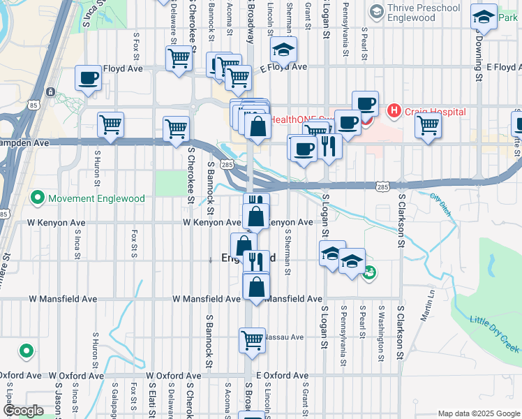 map of restaurants, bars, coffee shops, grocery stores, and more near 3687 South Lincoln Street in Englewood