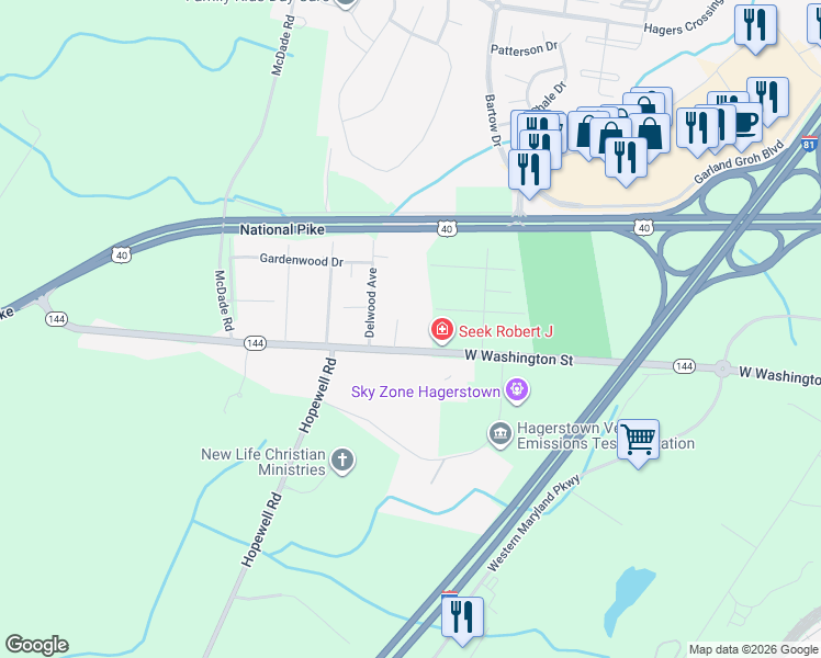 map of restaurants, bars, coffee shops, grocery stores, and more near 17514 West Washington Street in Hagerstown