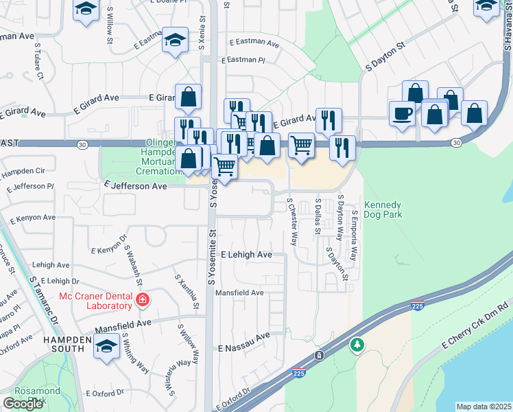 map of restaurants, bars, coffee shops, grocery stores, and more near 9185 East Kenyon Avenue in Denver