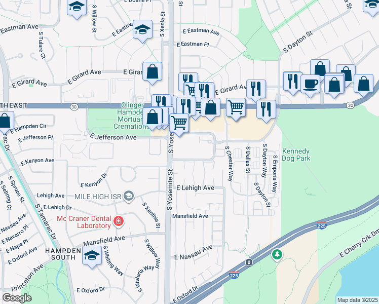map of restaurants, bars, coffee shops, grocery stores, and more near 9105 Lehigh Avenue in Denver