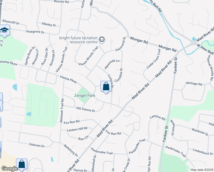 map of restaurants, bars, coffee shops, grocery stores, and more near 1940 Cortina Drive in Dayton