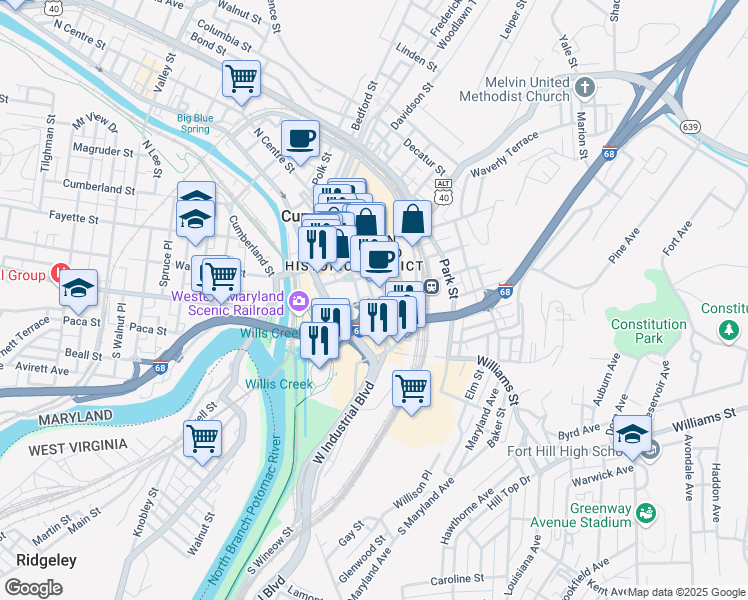 map of restaurants, bars, coffee shops, grocery stores, and more near West Harrison Street in Cumberland