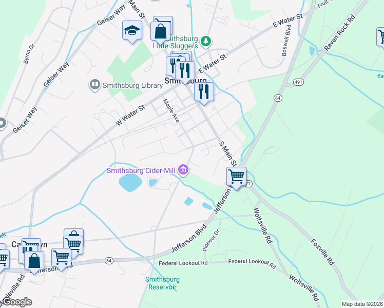 map of restaurants, bars, coffee shops, grocery stores, and more near 12189 Crystal Falls Drive in Smithsburg