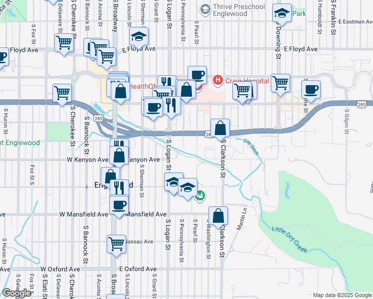 map of restaurants, bars, coffee shops, grocery stores, and more near 3692 South Logan Street in Englewood