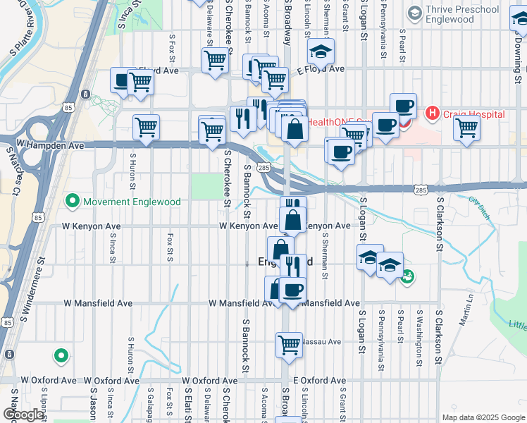 map of restaurants, bars, coffee shops, grocery stores, and more near 3695 South Acoma Street in Englewood